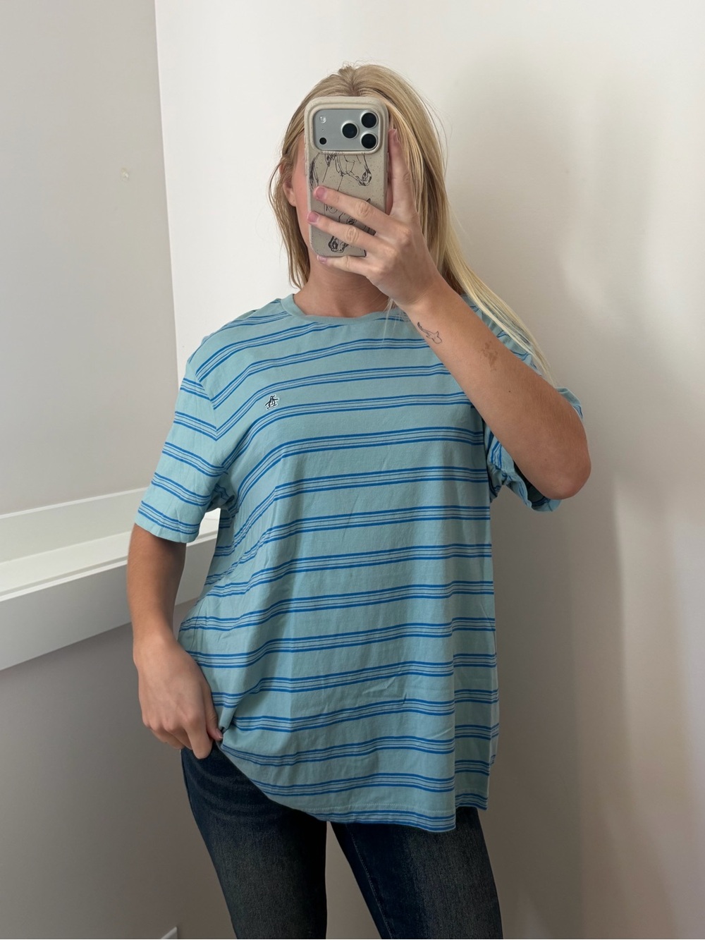 Light Blue Striped Men's Crewneck T-Shirt